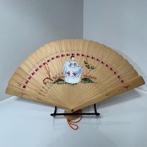 Vintage wooden folding fan w/delicate detailed cutouts. Asian painting. No brand